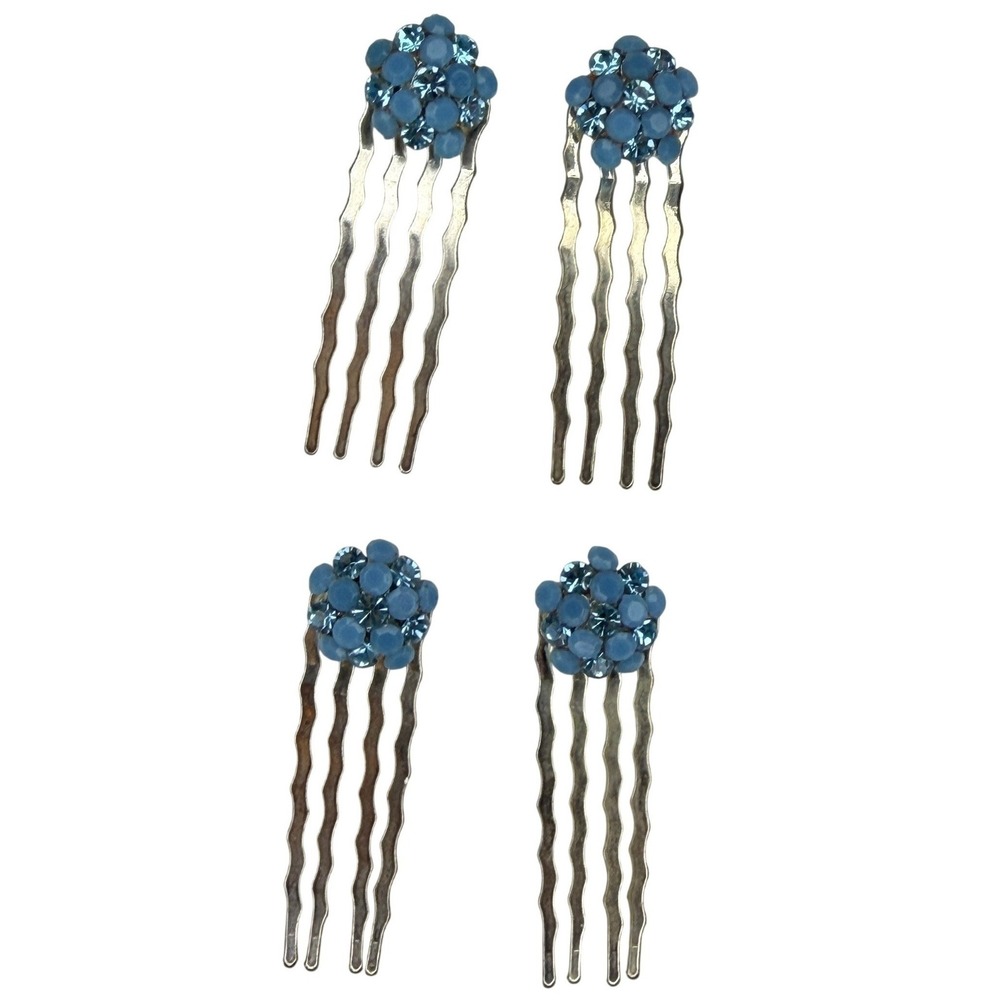 Vintage Blue Rhinestone Mini Hair Combs Set of 4 Silver Tone Floral Soho style